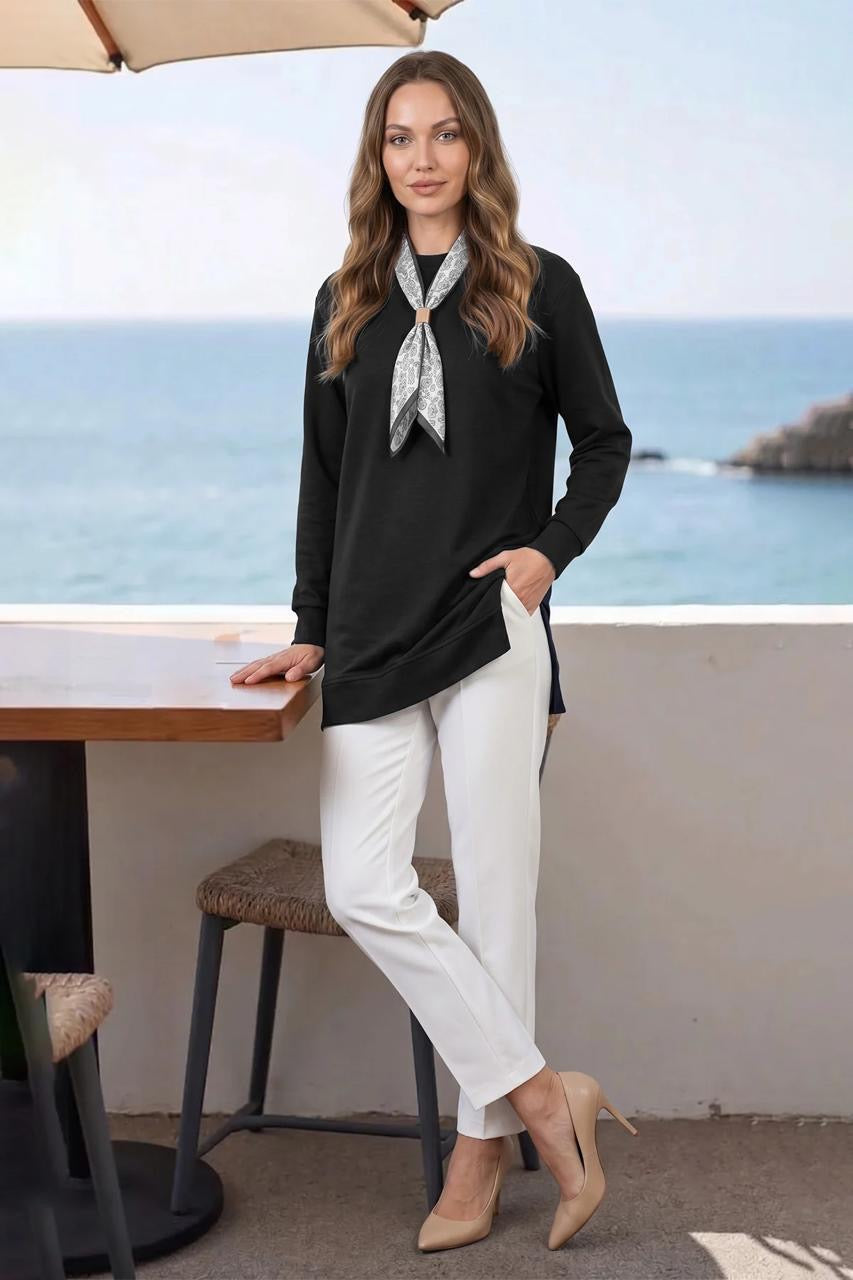 Printed scarf-detail longline top | بلوزة طويلة بتفصيل وشاح – Fullamoda Jordan