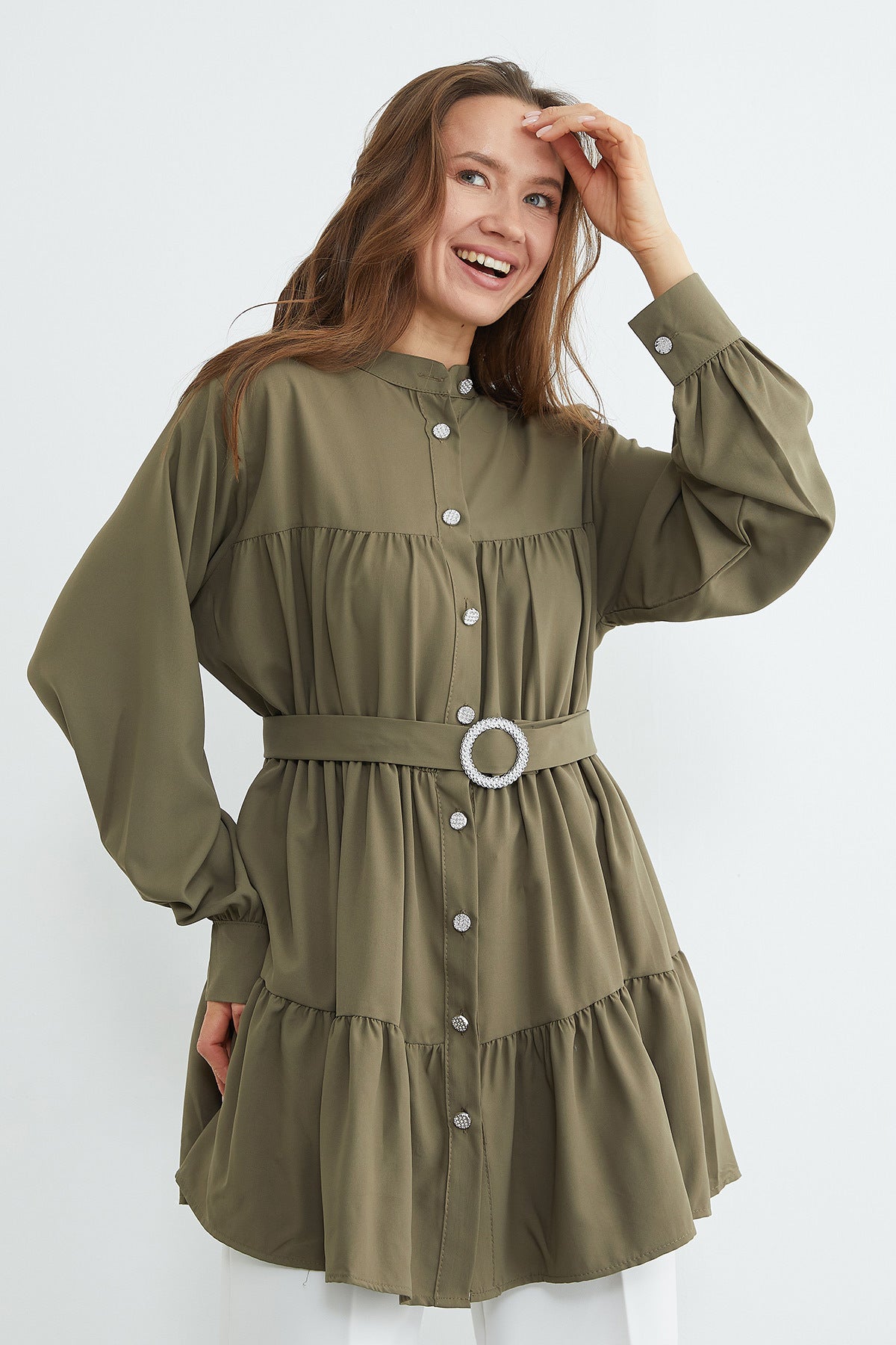 Fullamodest belted stone-detail tunic in khaki – Fullamoda Jordan