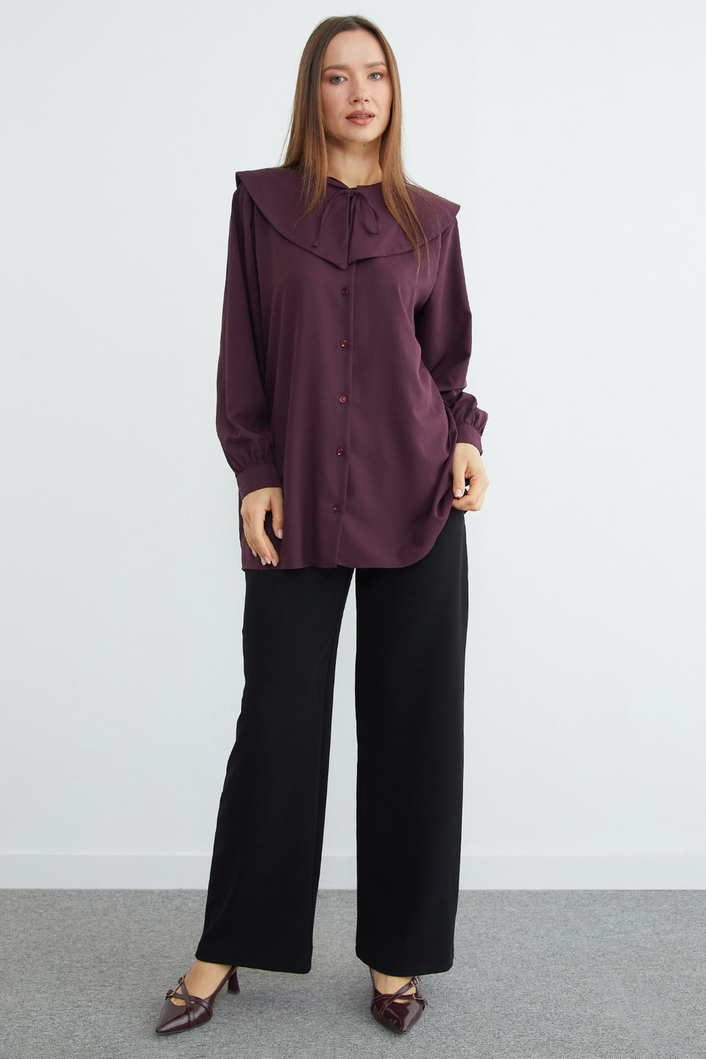 Baby collar balloon sleeve tunic in plum, back view – Fullamoda Jordan