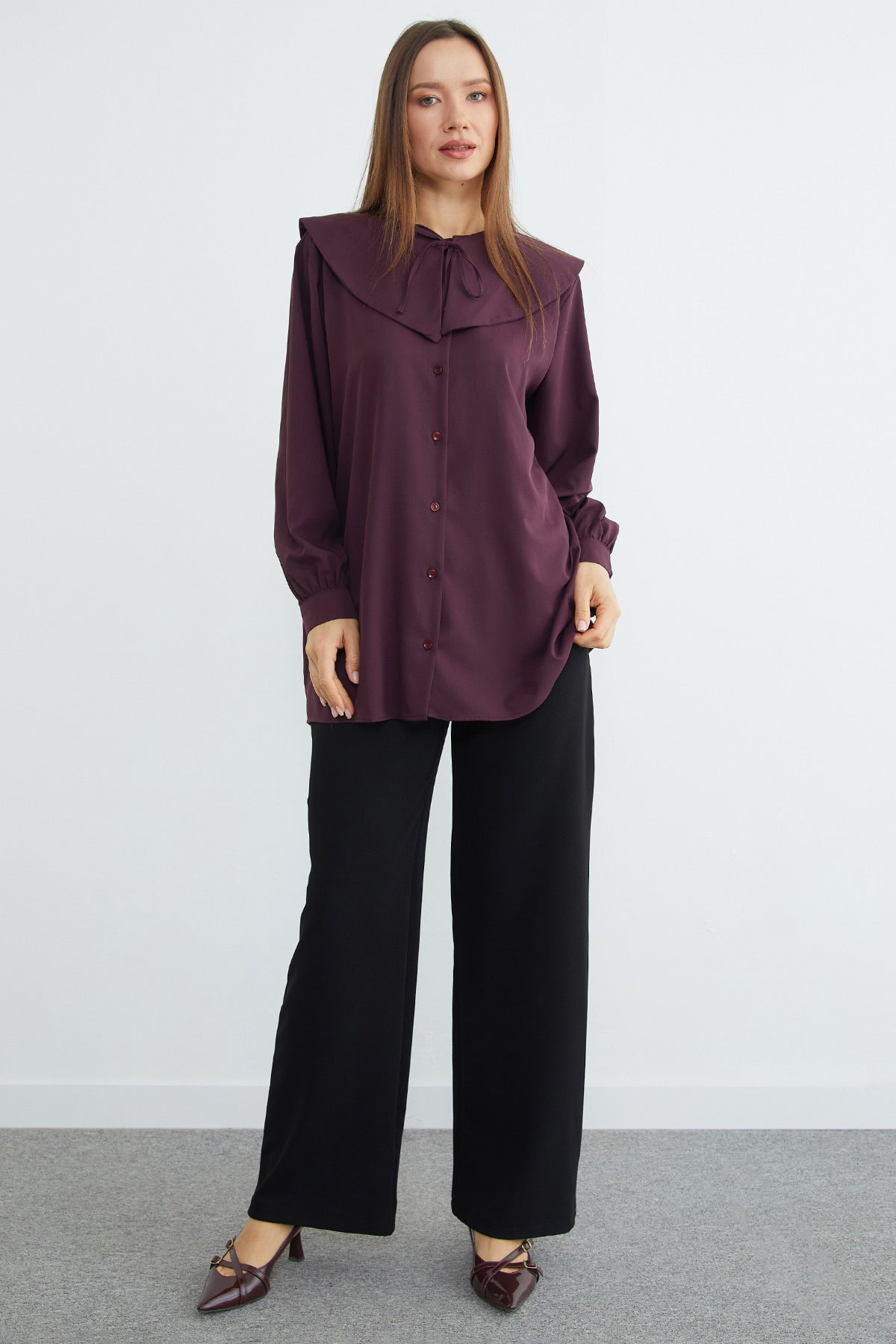 Baby collar balloon sleeve tunic in plum, back view – Fullamoda Jordan