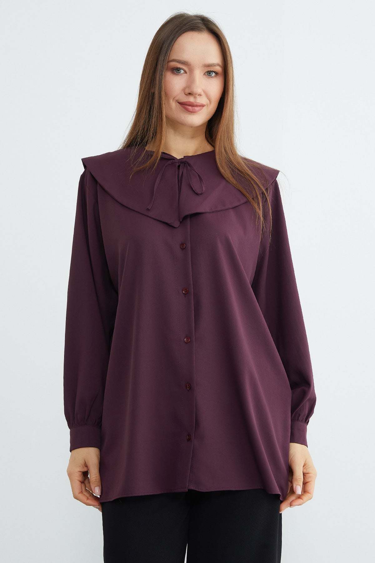 Fullamodest baby collar balloon sleeve tunic in plum – Fullamoda Jordan