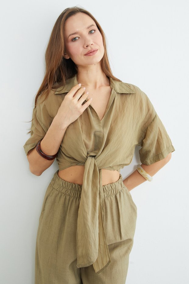 Striped Jacquard Tie Crop Shirt - Khaki