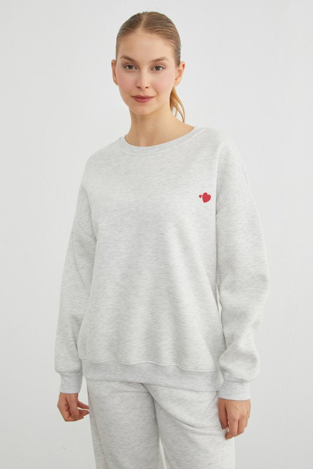 3-Thread Heart Printed Crew Neck Sweatshirt - Grey Melange