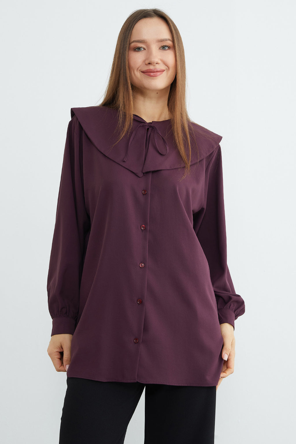 Baby collar balloon sleeve tunic in plum, detail – Fullamoda Jordan