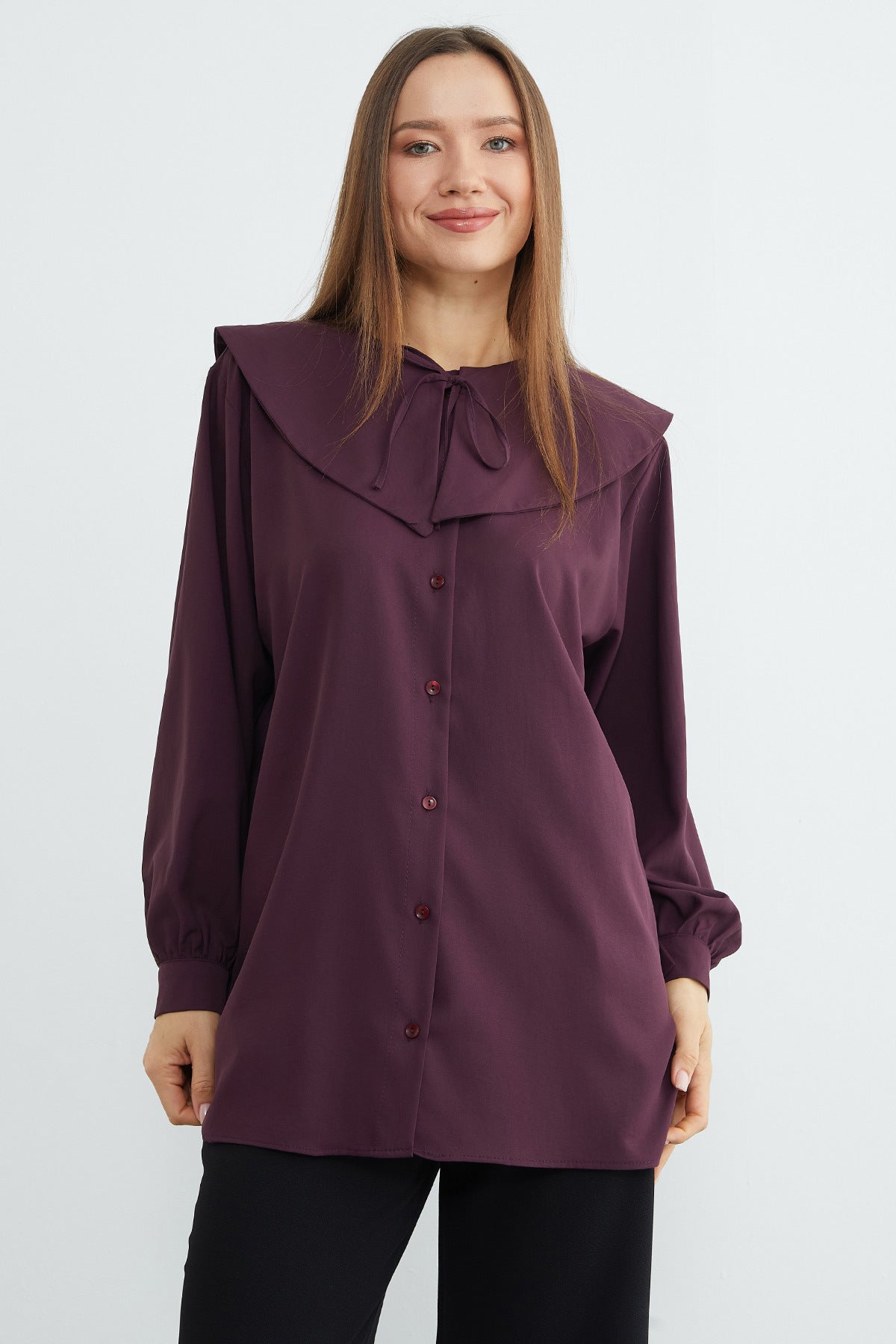 Baby collar balloon sleeve tunic in plum, detail – Fullamoda Jordan