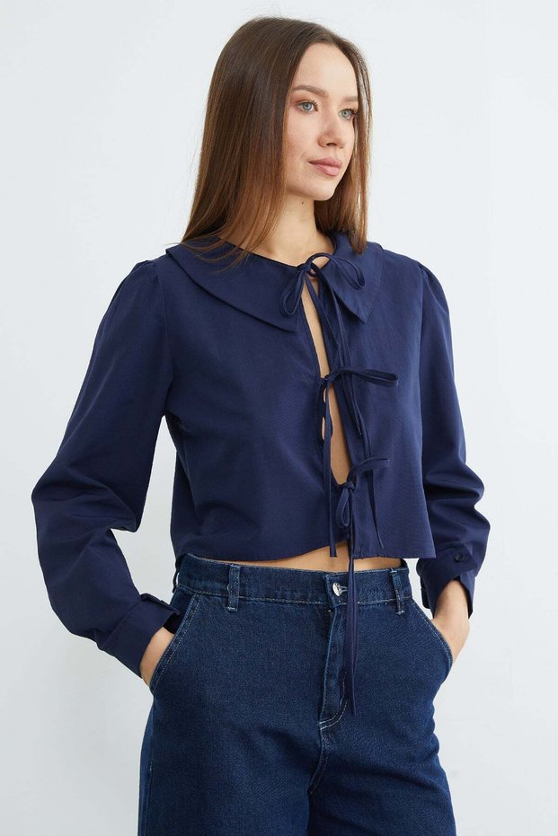 Front Tie Baby Collar Crop Blouse - Navy Blue
