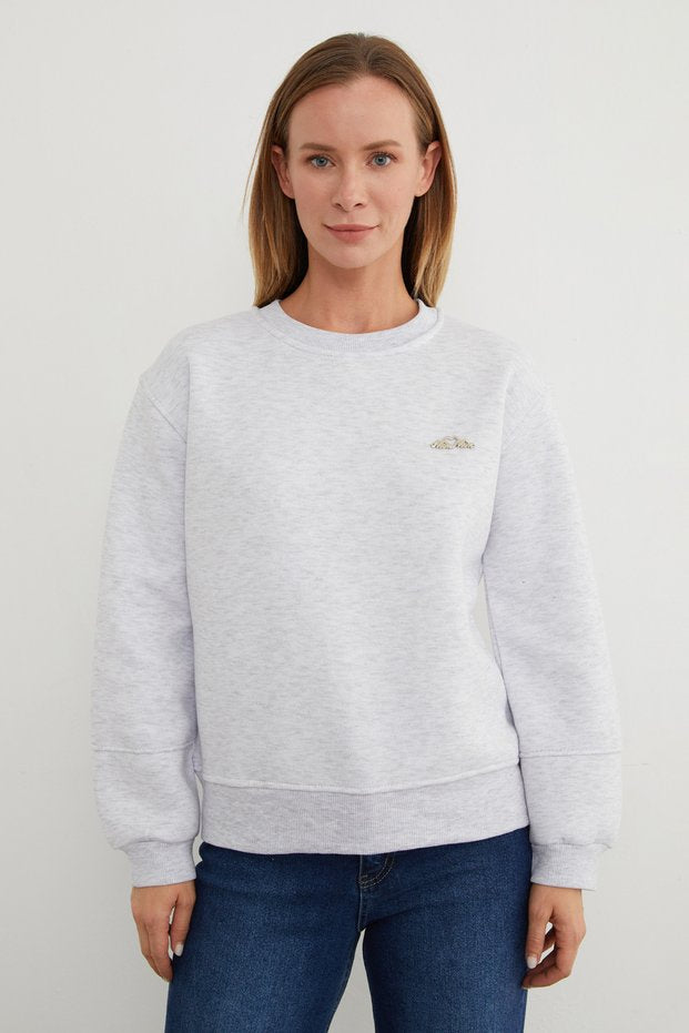 3-Thread Metal Accessory Crew Neck Sweatshirt - Grey Melange