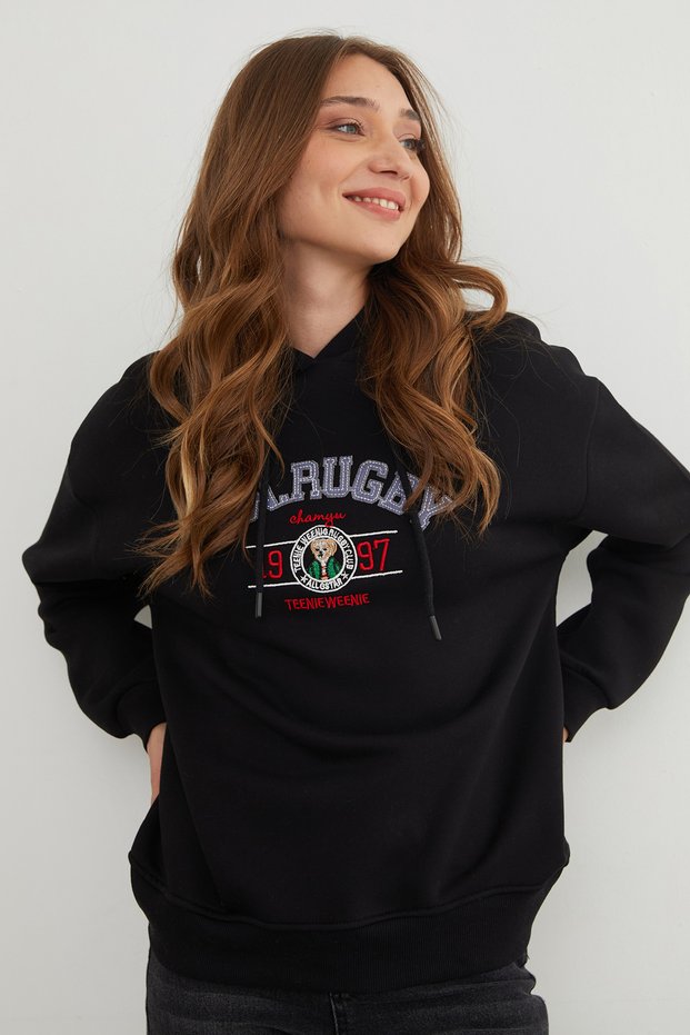 3-Thread Rugby Embroidered Hooded Sweatshirt - Black