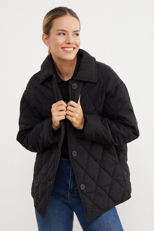 Baklava Pattern Quilted Oversized Button Coat - Black
