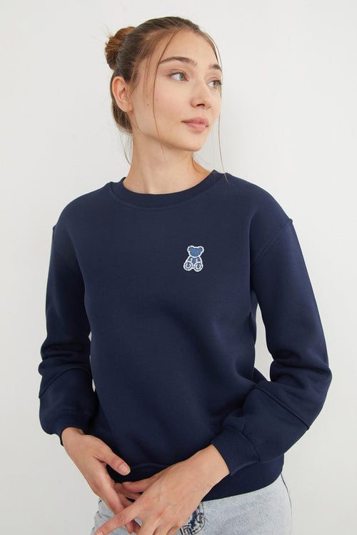 3-Thread Stone Embroidered Teddy Bear Sweatshirt - Navy Blue