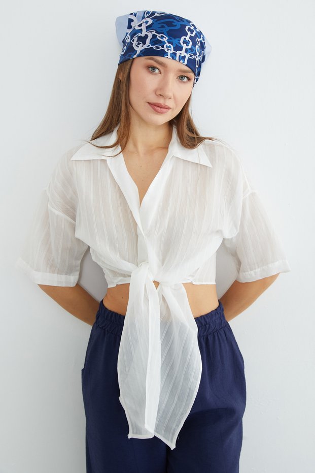 Striped Jacquard Tie Crop Shirt - White