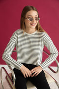 Striped Crop Slim Knit Sweater in anthracite | بلوفر تريكو مخطط قصير