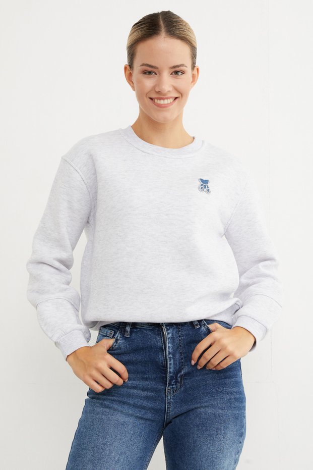 3-Thread Stone Embroidered Teddy Bear Sweatshirt - Grey Melange