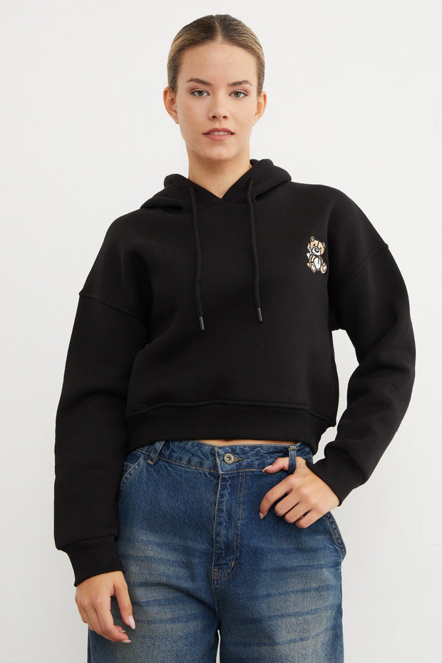 3-Thread Teddy Bear Embroidered Hooded Sweatshirt - Black