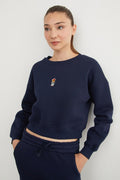 3-Thread Teddy Bear Embroidered Crew Neck Sweatshirt - Navy Blue