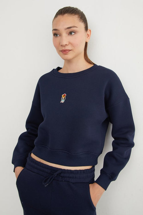 3-Thread Teddy Bear Embroidered Crew Neck Sweatshirt - Navy Blue