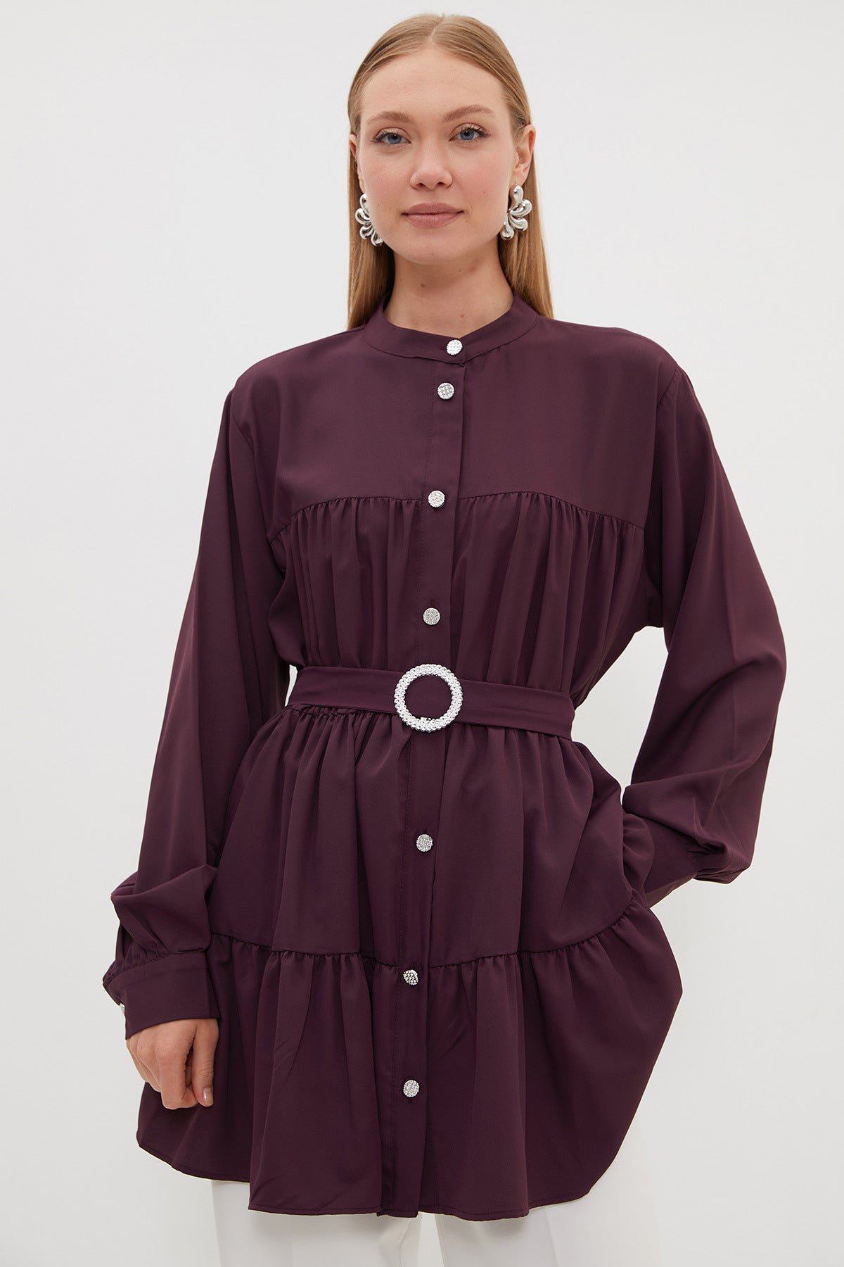 Fullamodest belted stone-detail tunic in plum – Fullamoda Jordan