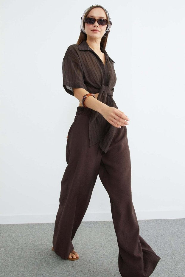 Striped Jacquard Tie Crop Shirt - Brown