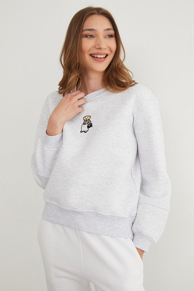 3-Thread Teddy Bear Embroidered Crew Neck Sweatshirt - Grey Melange