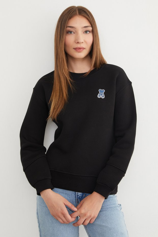 3-Thread Stone Embroidered Teddy Bear Sweatshirt - Black