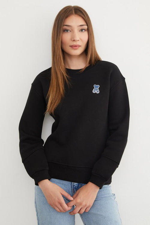 3-Thread Stone Embroidered Teddy Bear Sweatshirt - Black