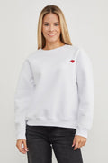 3-Thread Heart Printed Crew Neck Sweatshirt - White