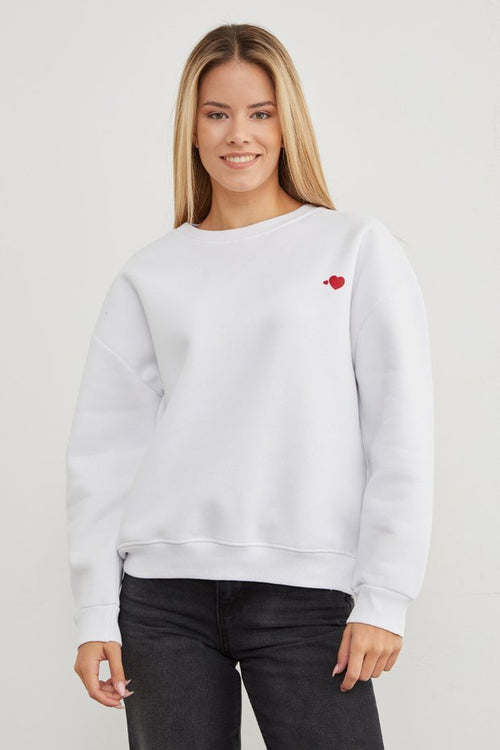 3-Thread Heart Printed Crew Neck Sweatshirt - White