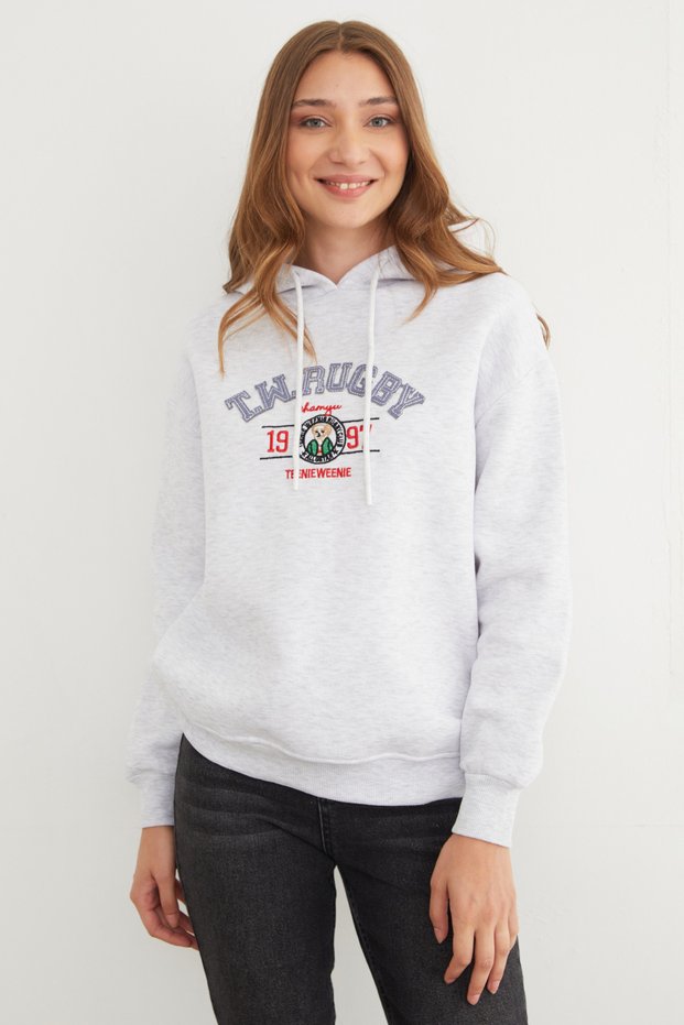 3-Thread Rugby Embroidered Hooded Sweatshirt - Grey Melange