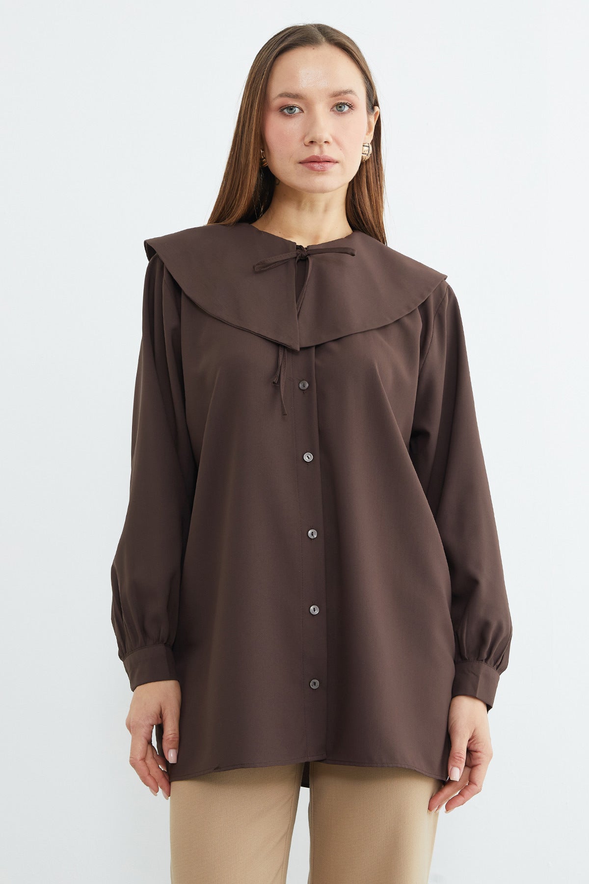 Fullamodest baby collar balloon sleeve tunic in brown – Fullamoda Jordan