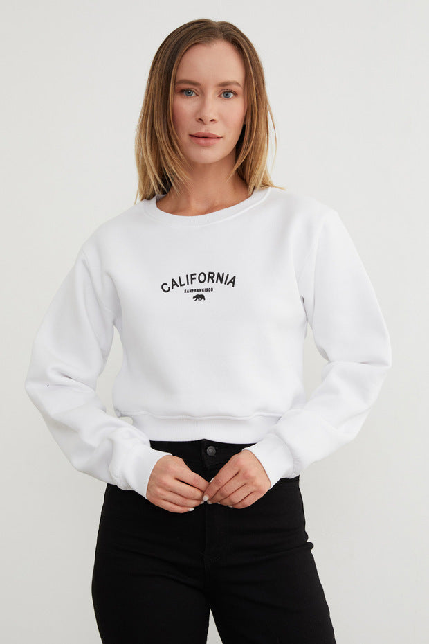 3-Thread California Letter Print Crop Sweatshirt - White
