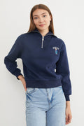 3-Thread Teddy Bear Embroidered Half-Zip Sweatshirt - Navy Blue