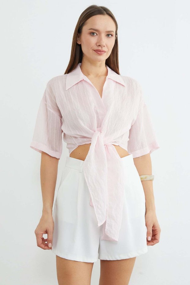 Striped Jacquard Tie Crop Shirt - Pink