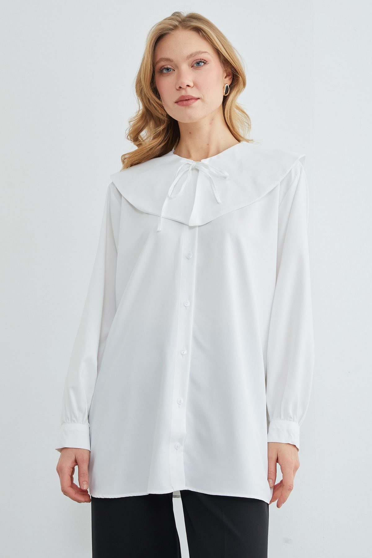 Fullamodest baby collar balloon sleeve tunic in white – Fullamoda Jordan
