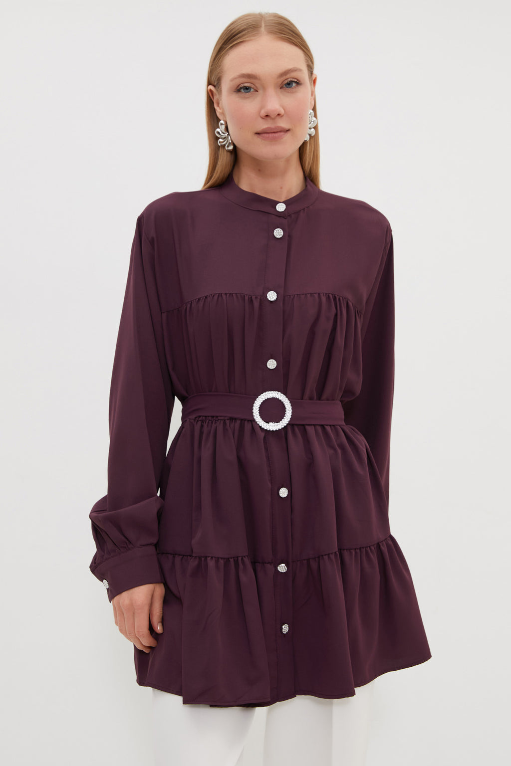 Belted stone-detail tunic in plum, side view – Fullamoda Jordan