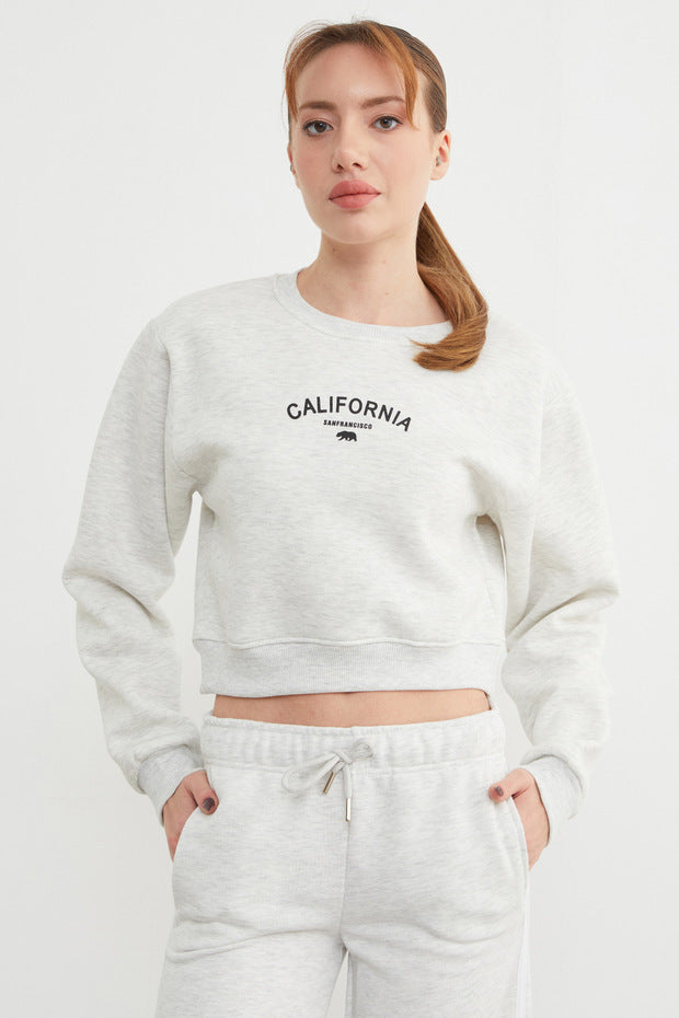 3-Thread California Letter Print Crop Sweatshirt - Grey