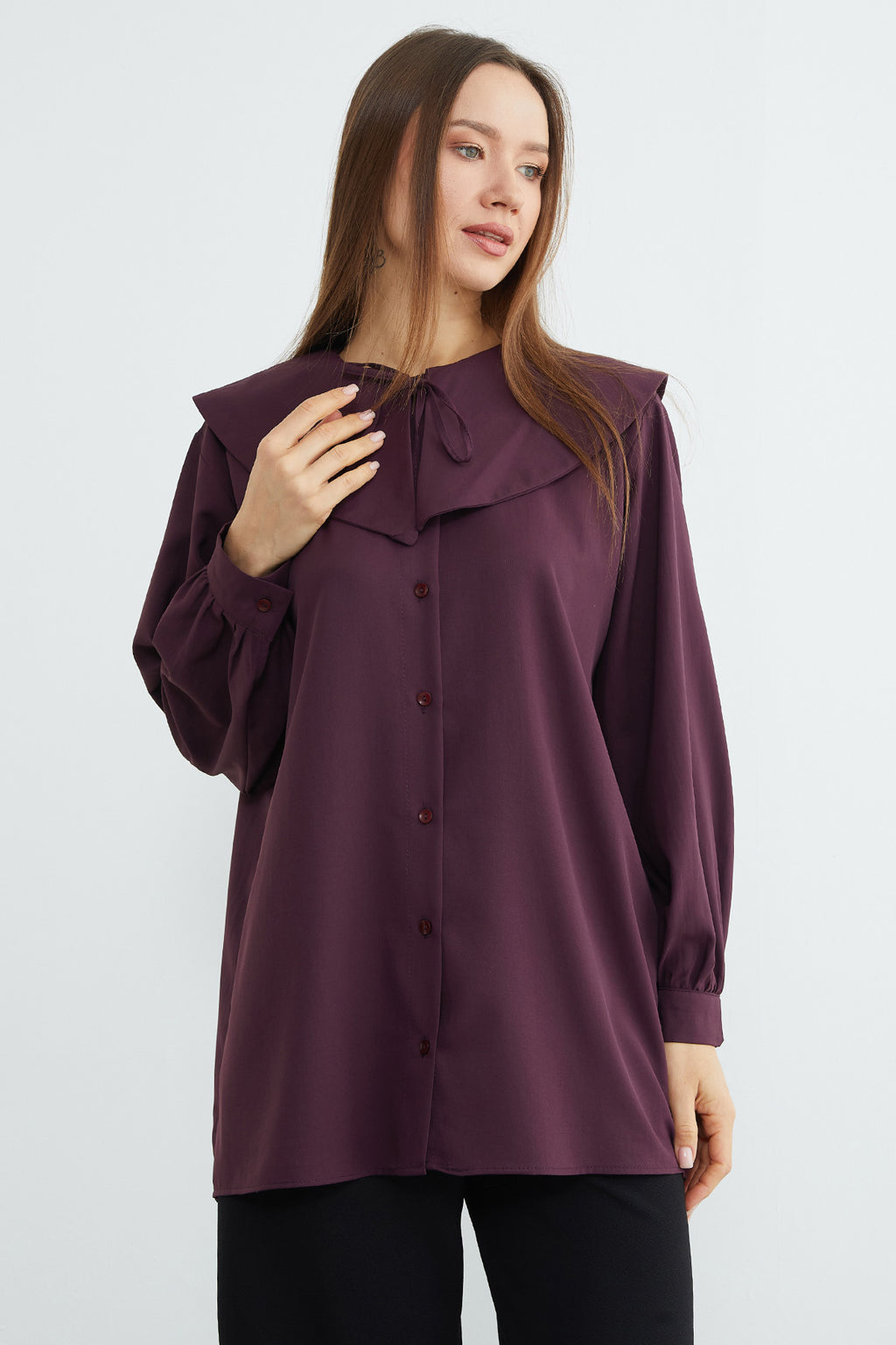 Baby collar balloon sleeve tunic in plum, side view – Fullamoda Jordan