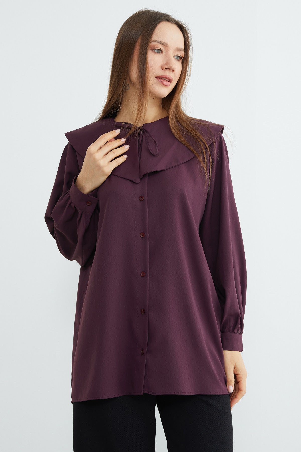 Baby collar balloon sleeve tunic in plum, side view – Fullamoda Jordan