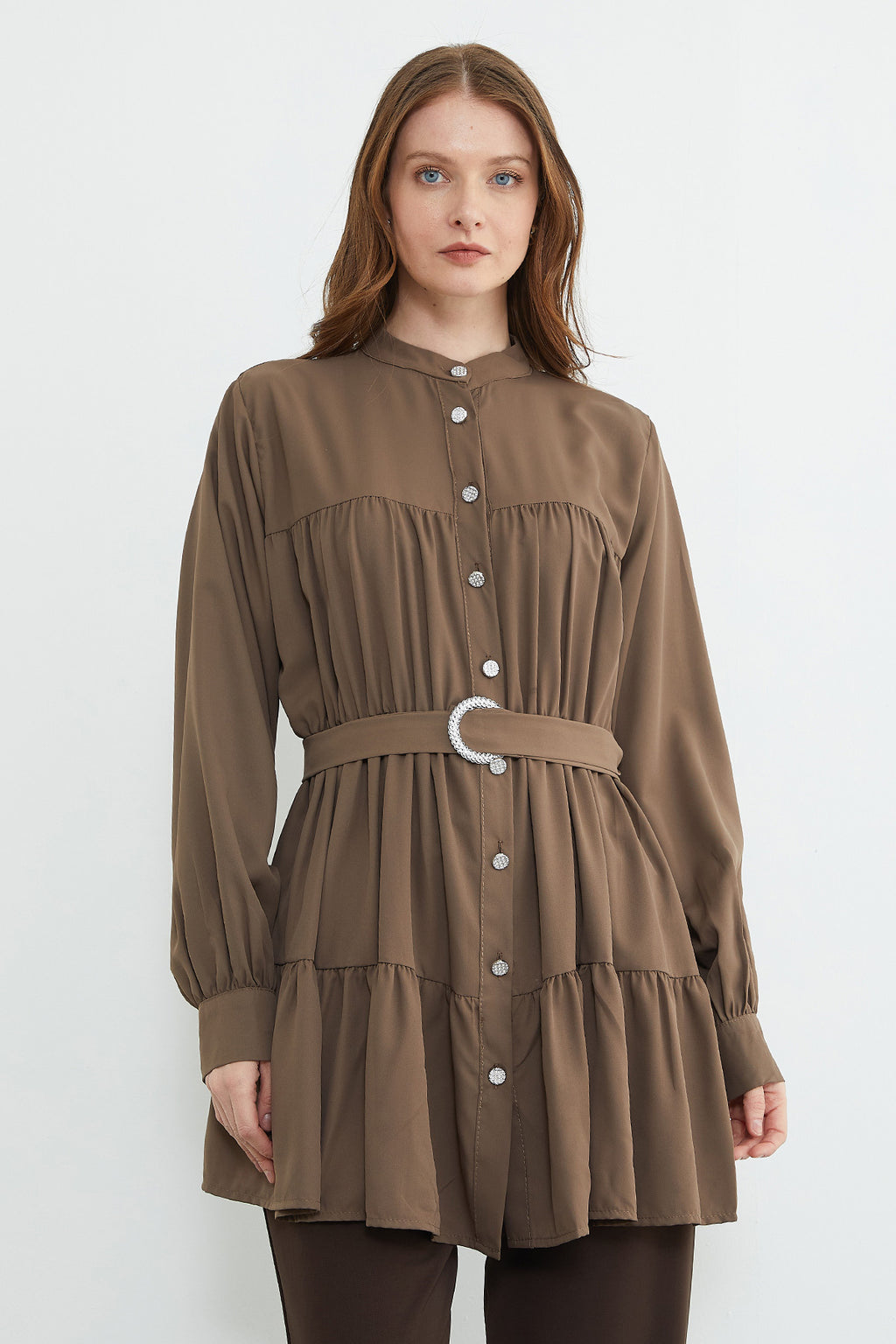 Belted stone-detail tunic in light coffee, side view – Fullamoda Jordan