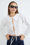 Front Tie Baby Collar Crop Blouse - White