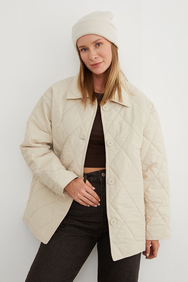 Baklava Pattern Quilted Oversized Button Coat - Beige