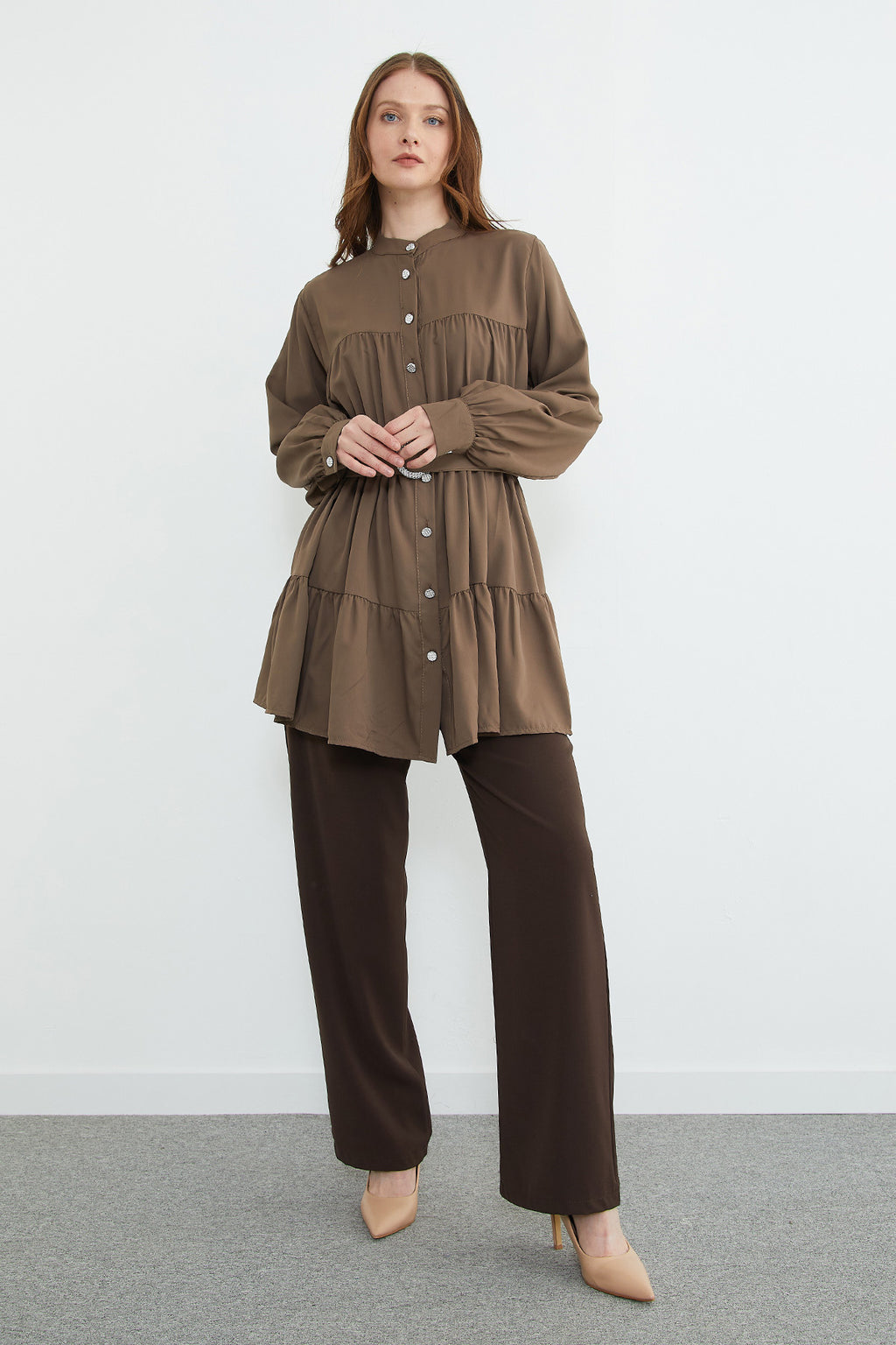 Belted stone-detail tunic in light coffee, back view – Fullamoda Jordan