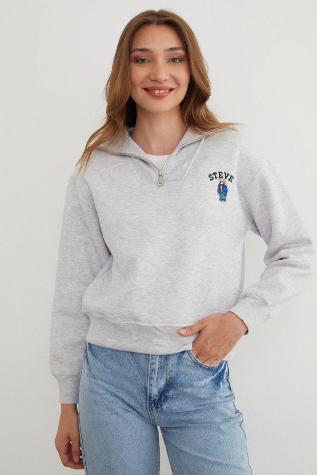 3-Thread Teddy Bear Embroidered Half-Zip Sweatshirt - Grey Melange