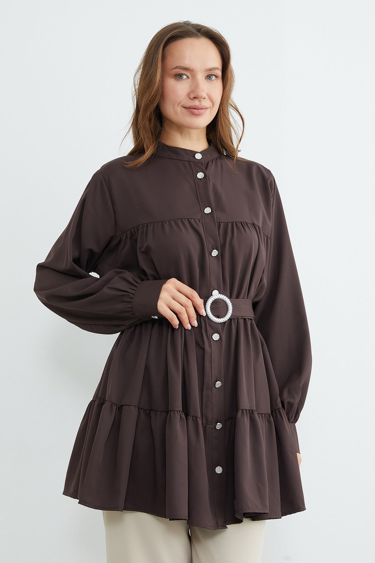 Fullamodest belted stone-detail tunic in dark coffee – Fullamoda Jordan
