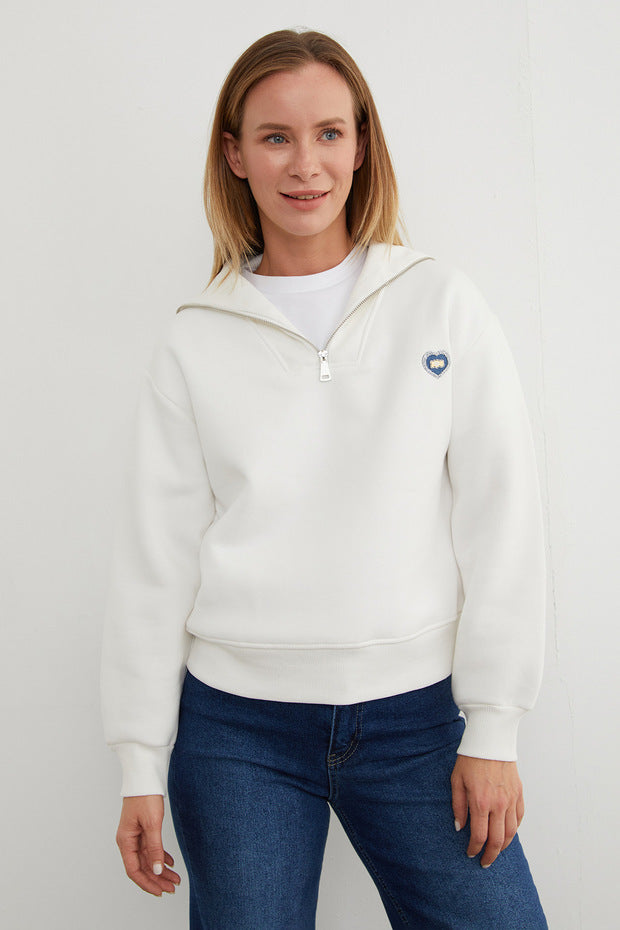 3-Thread Heart Embroidered Half-Zip Sweatshirt - Ecru