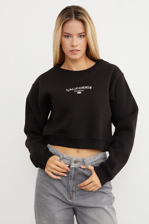 3-Thread California Letter Print Crop Sweatshirt - Black