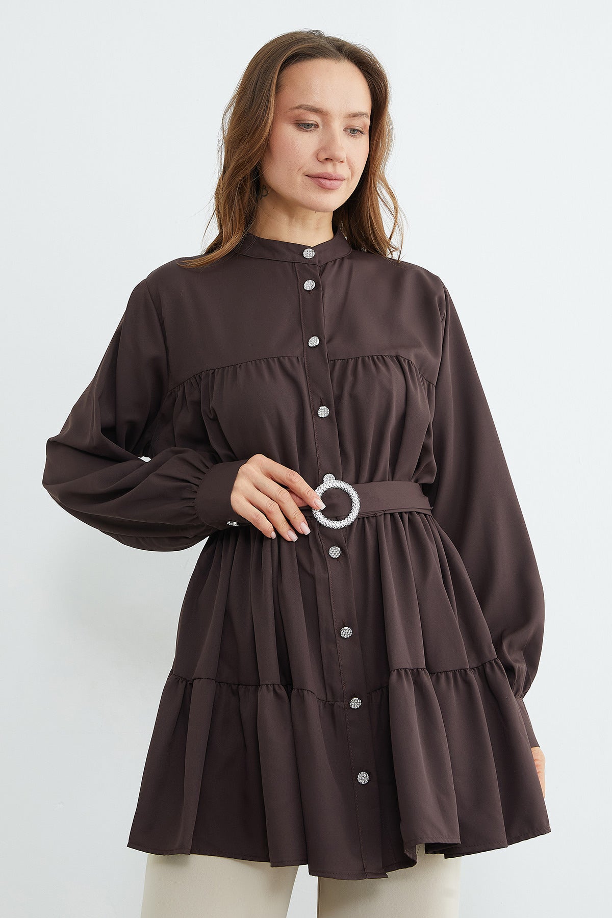 Belted stone-detail tunic in dark coffee, back view – Fullamoda Jordan
