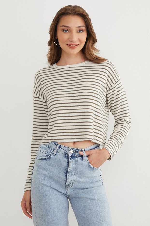 Striped Crop Slim Knit Sweater - Khaki