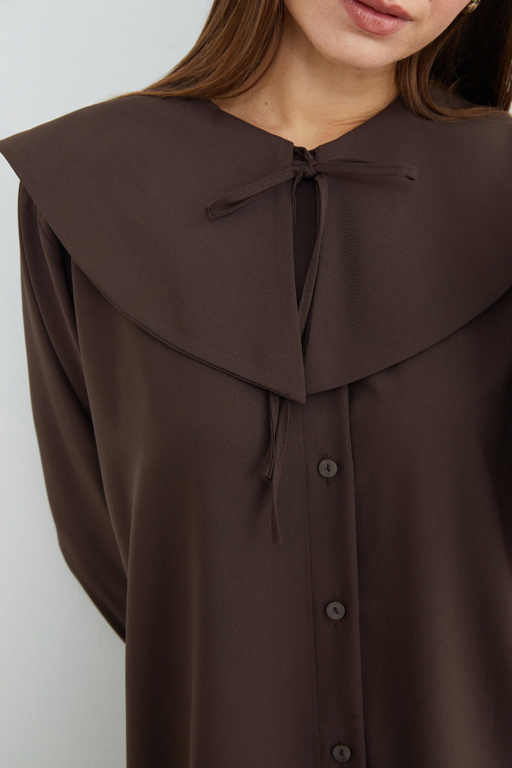 Baby collar balloon sleeve tunic in brown, detail – Fullamoda Jordan
