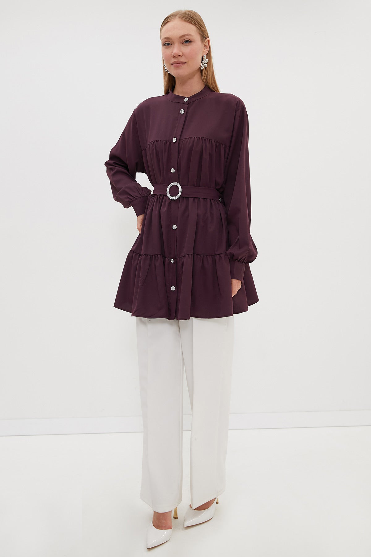 Belted stone-detail tunic in plum, collar detail – Fullamoda Jordan