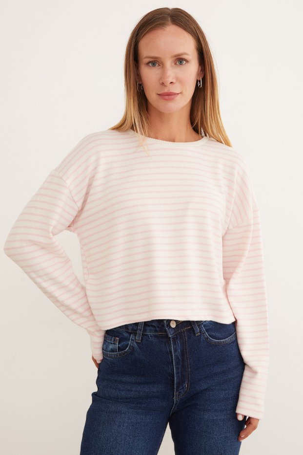 Striped Crop Slim Knit Sweater - Pink